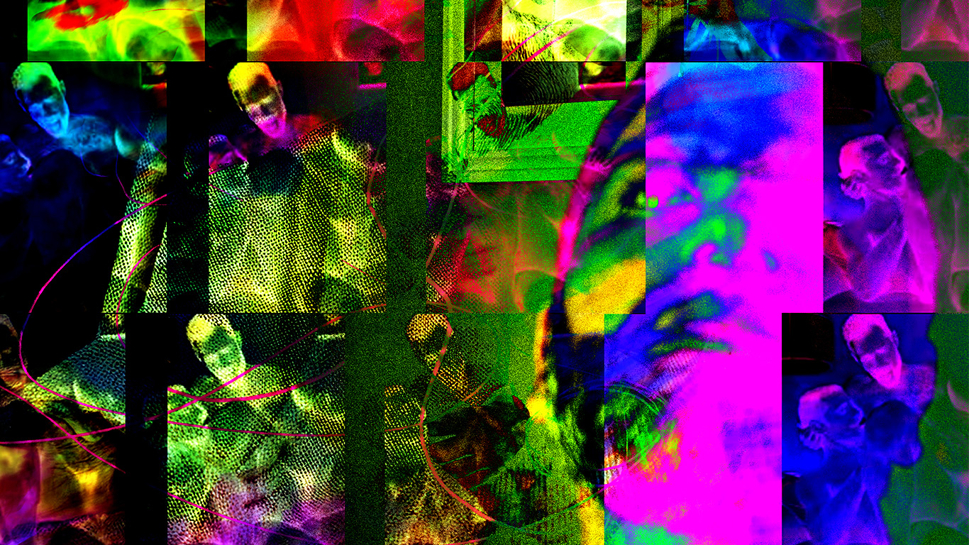 a multicoloured and multilayered image. A man looks up.